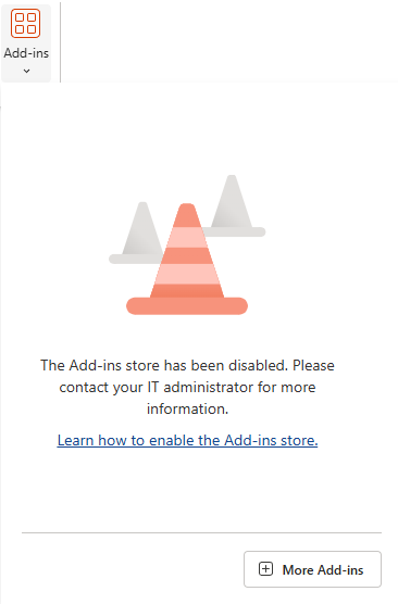 Word for the Web with the Add-ins pane open and the 'More Add-ins' button