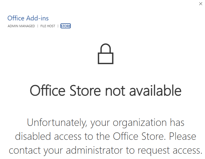 The 'Office Add-ins' dialog with the 'Admin Managed' tab highlighted and the Office Store disabled