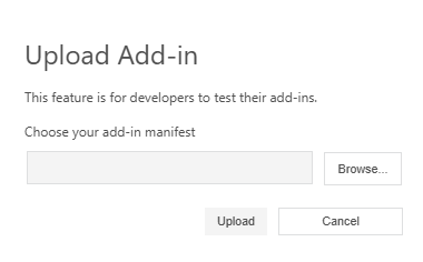 The 'Upload Add-in' dialog with the 'Browse' and 'Upload' buttons