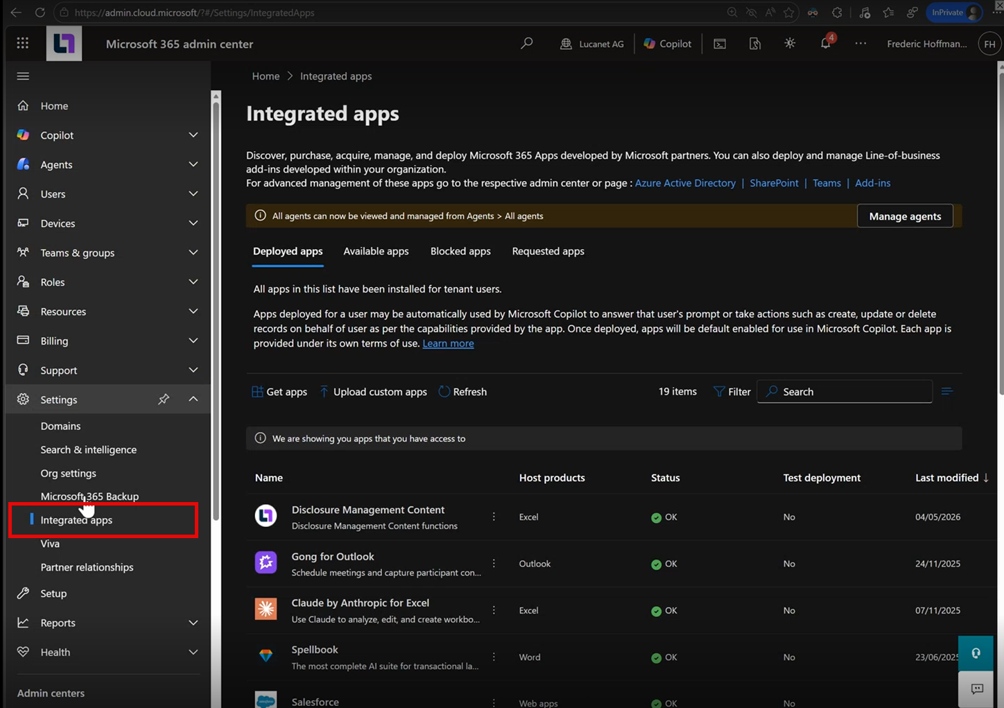 Microsoft 365 Admin Center showing the 'Integrated apps' page with the 'Settings | Integrated apps' navigation item highlighted
