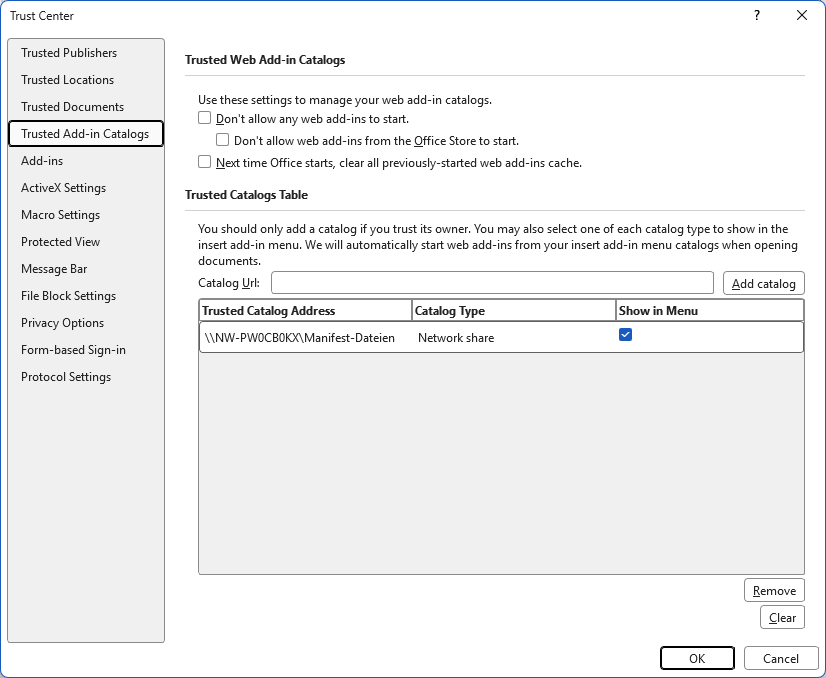 The 'Trusted Add-in Catalogs' dialog in the MS Word Trust Center with the catalog URL entered