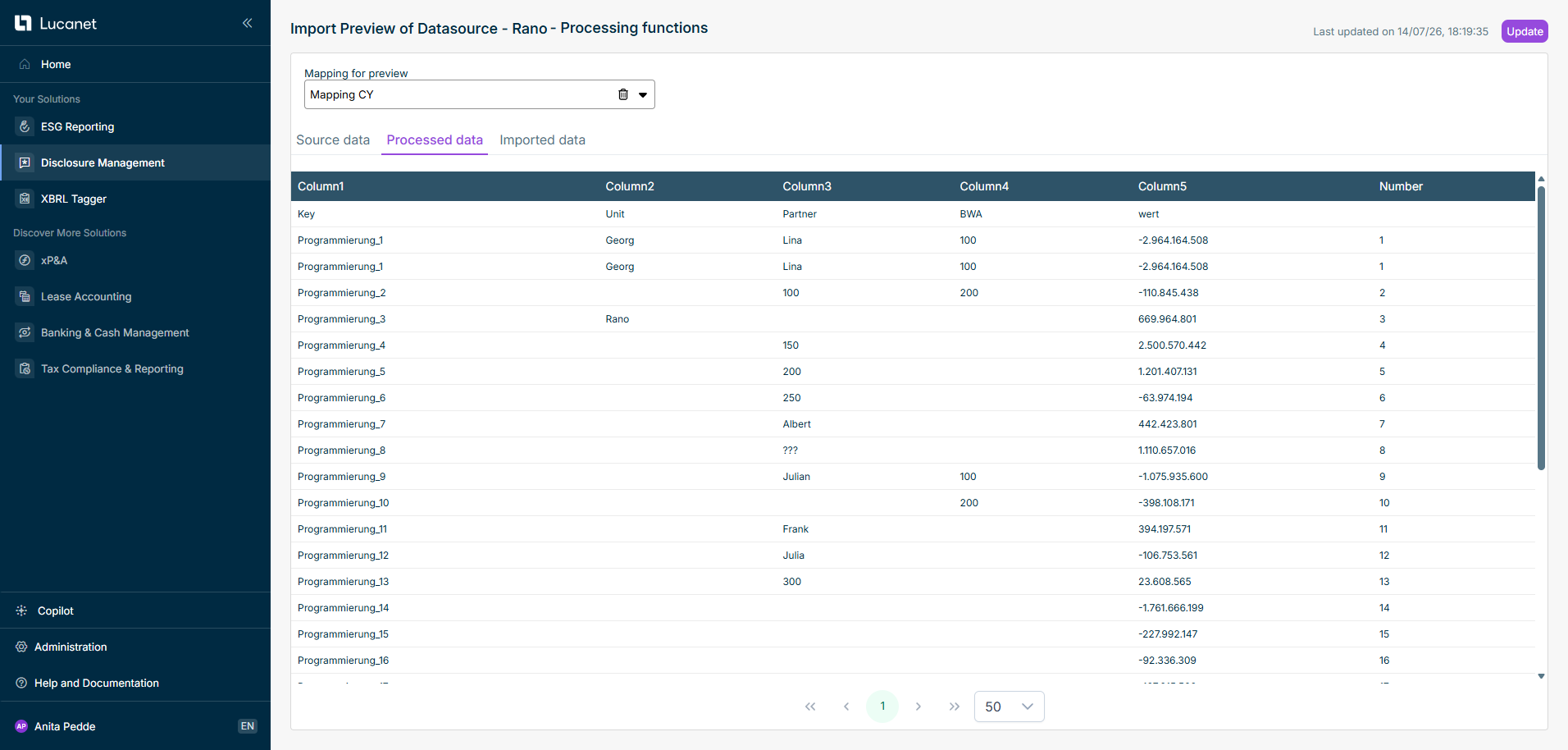 As an example, the processed data preview shows the new column Country code with the value extracted at position 2, for example DE, after the transformation of type Split
