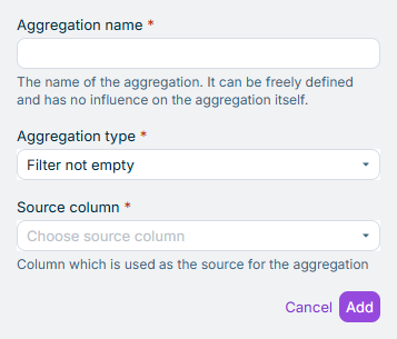 Displays the input fields for the configuration of the Aggregation of type Filter not empty. The aggregation type to be selected is outlined in red.