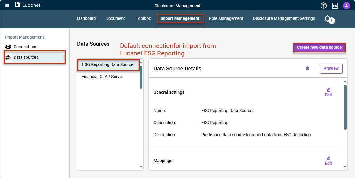 Shows the Import management functional area and the Data sources workspace. The button that can be used to create a new data source is also highlighted in red.