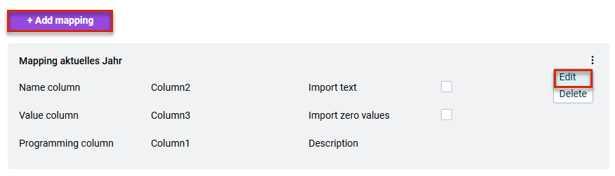 Displays the overview of mappings with the Add mapping button and the context menu of an existing mapping.