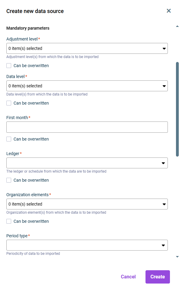 Displays the input fields for the mandatory parameters required for the import from a Lucanet database.
