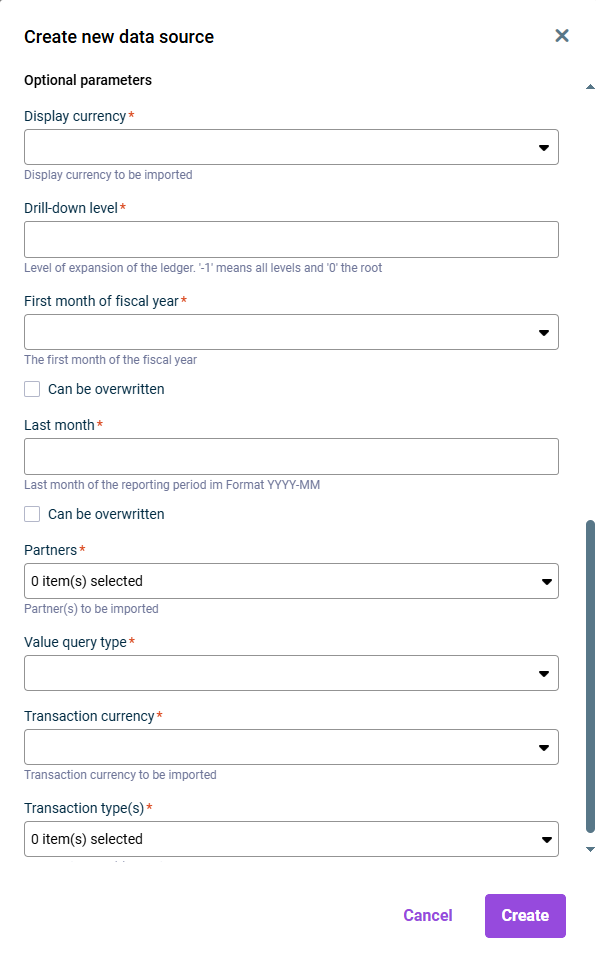 Displays the input fields for the optional parameters that must be specified when parameterizing a data source for the import from a Lucanet database.