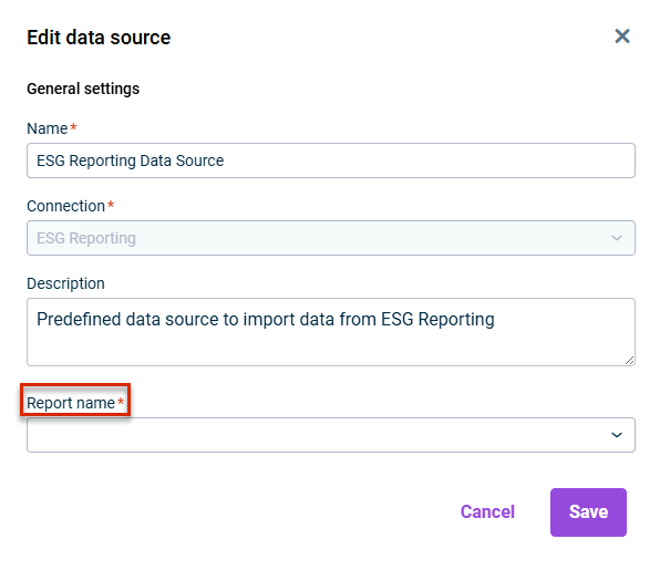 Displays the parameter that must be defined for a data source for the import from Lucanet ESG Reporting