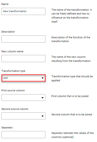 Displays the input fields for configuring the transformation of type Join. The transformation type to be selected is outlined in red.