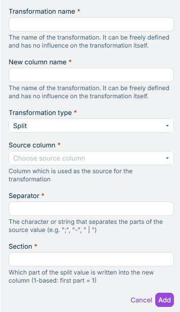 Displays the input fields for the configuration of the transformation of type Split, including the Separator and Section fields. The transformation type to be selected is outlined in red.