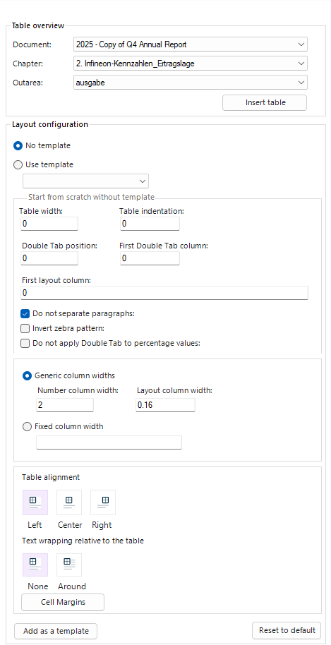 Displays the 'Table configuration' dialog. The dialog contains sample values for document, chapter, and Outarea.