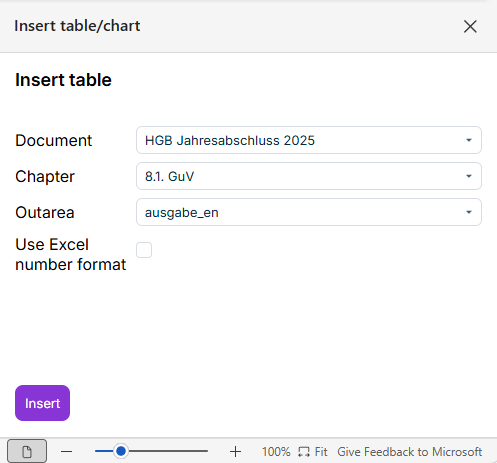 The 'Insert table' task pane in Office for the Web, with the 'Document', 'Chapter', and 'Outarea' drop-down lists and the 'Use Excel number format' checkbox.