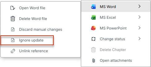 Three-dot menu of a Word reference with the MS Word submenu open and the 'Ignore update' command