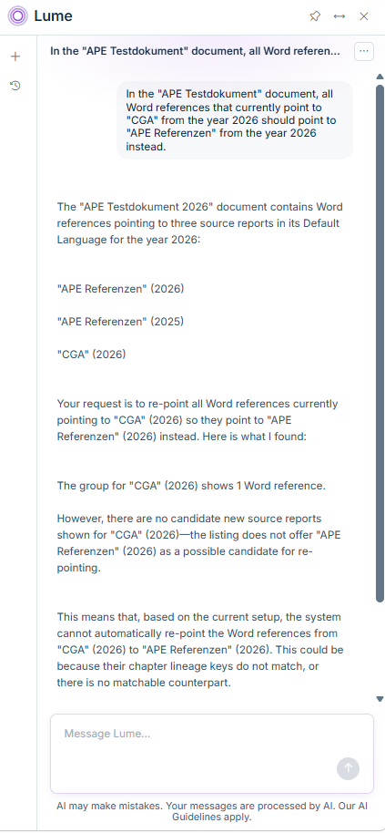 Message from Lucanet Lume indicating that a Word reference could not be re-pointed due to a missing counterpart (NO_COUNTERPART).