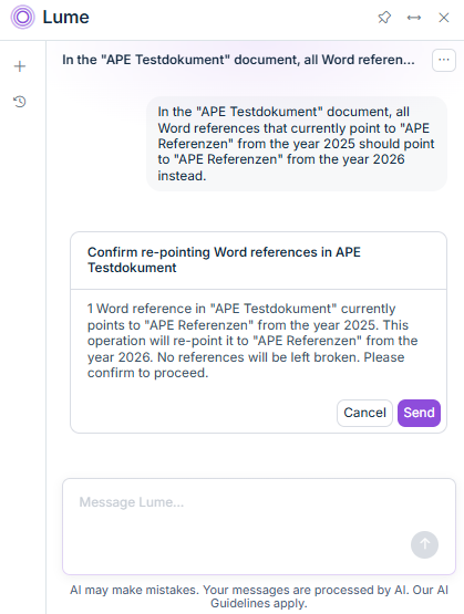Conversation with Lucanet Lume for re-pointing Word references to a new source document.