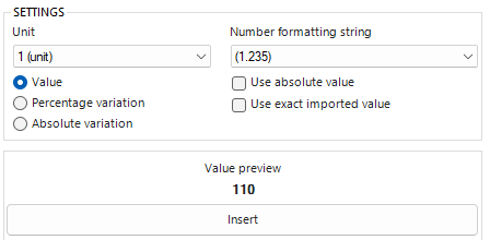 Displays part of the ‘Insert text values' dialog' The name and value of the available text values are displayed in the section from the 'Insert text values' dialog. Three buttons for inserting values and deviations are also displayed.