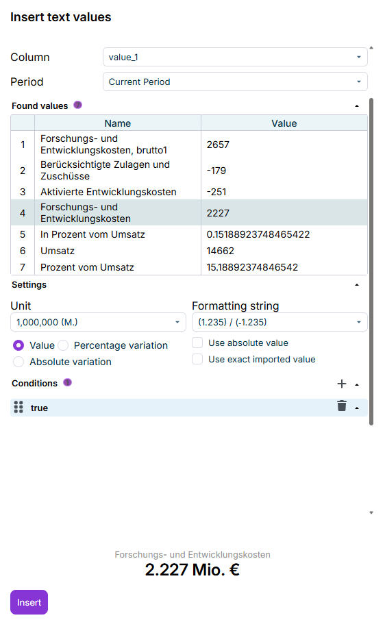 The 'Insert text values' task pane in Office for the Web, with options to select document, chapter, column, and period, and a list of the available values.