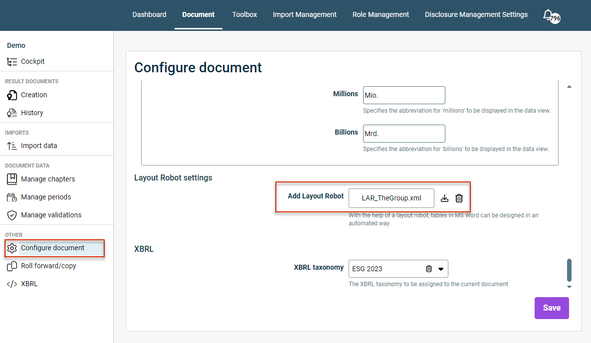 Shows the 'Configure document' workspace. The 'Layout Robot settings' area is displayed. The options for the layout robot are outlined in red.