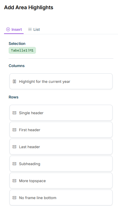 The 'Add Area Highlights' task pane with the 'Insert' tab open and the available layouts.