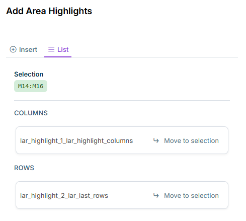 The 'List' tab in the 'Add Area Highlights' task pane with the applied area highlights.