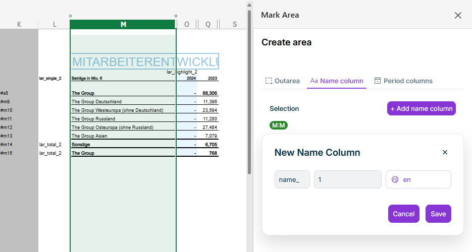 When adding a name column, the 'New Name Column' dialog is displayed.