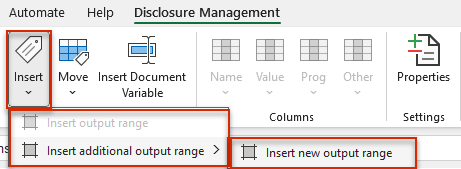 Displays the menu of the 'Insert' button. Displays the 'Insert additional output range | Insert new output range' menu command. The 'Insert' button and the menu command are highlighted in a red border.