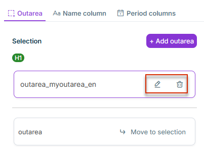 On the 'Outarea' tab, a pencil icon for renaming and a trash icon for deleting are displayed next to an Outarea.