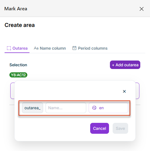 When adding an Outarea, a name extension and a language code are requested.