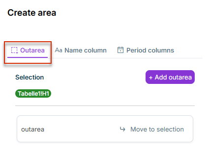 The 'Mark Area' task pane is displayed in Office for the Web. The 'Outarea' tab is open.