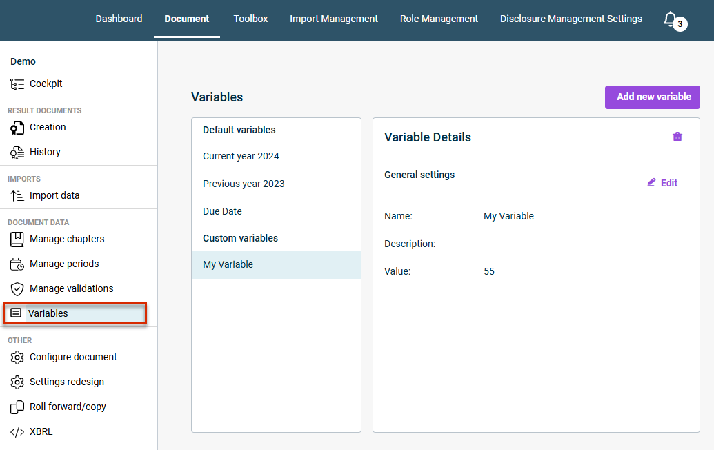 Workspace 'Variables'