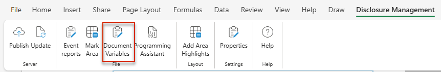 'Document Variables' button in the Disclosure Management ribbon