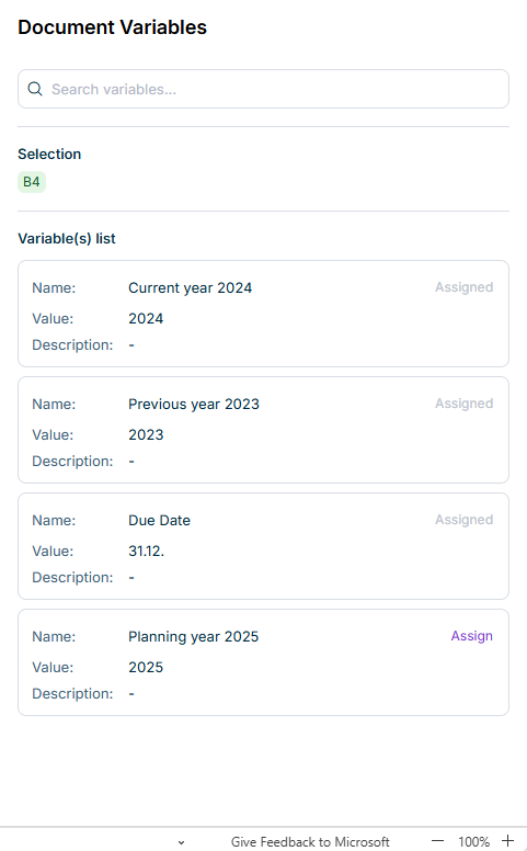 'Document Variables' task pane with variable list and search field