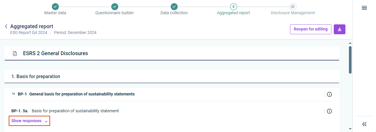An example of an aggregated report is displayed. The option 'Show responses' of a question is highlighted in red.