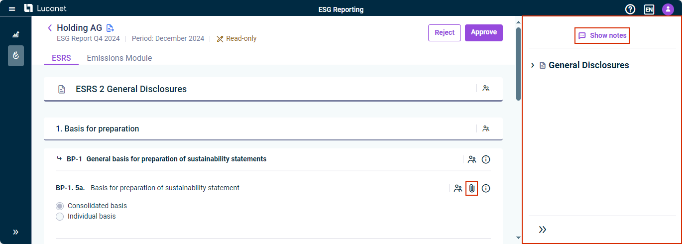 The data collection page of a reporting entity is displayed. The options to show notes and view attached files as well as the panel on the right-hand side are highlighted in red.