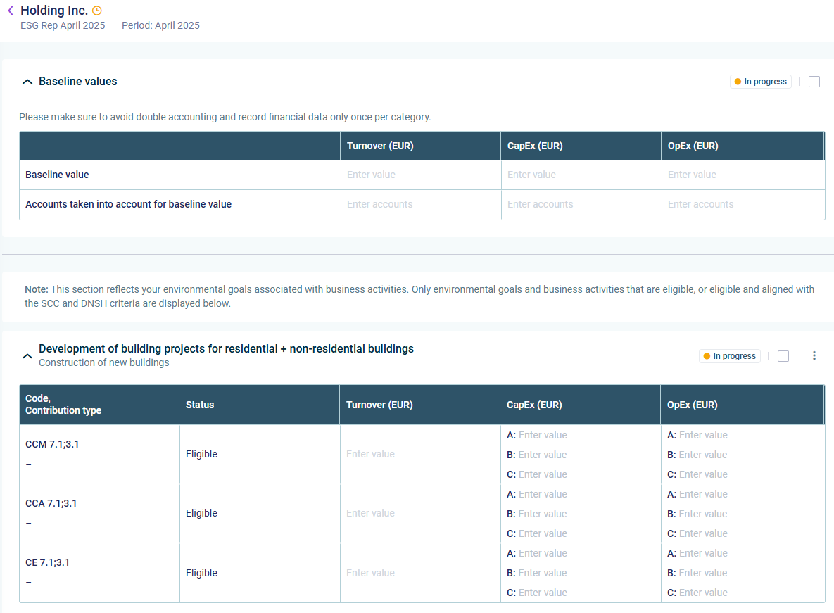 Shows a page for collecting financial data for a reporting entity