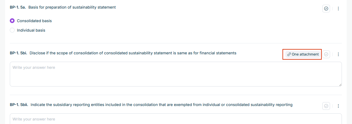 Several questionnaire questions where only one displays the 'One attachment' indicator on the right of its row, making documented questions easy to spot.