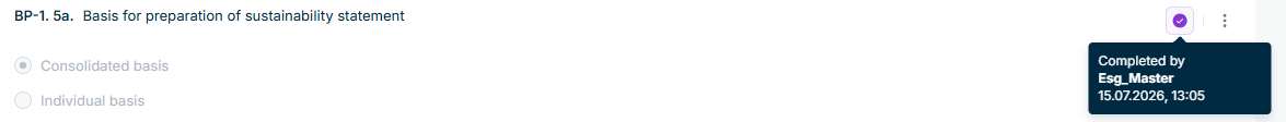A completed question showing the tooltip 'Completed by *user name*' with the date and time when hovering over the 'Completed' icon.