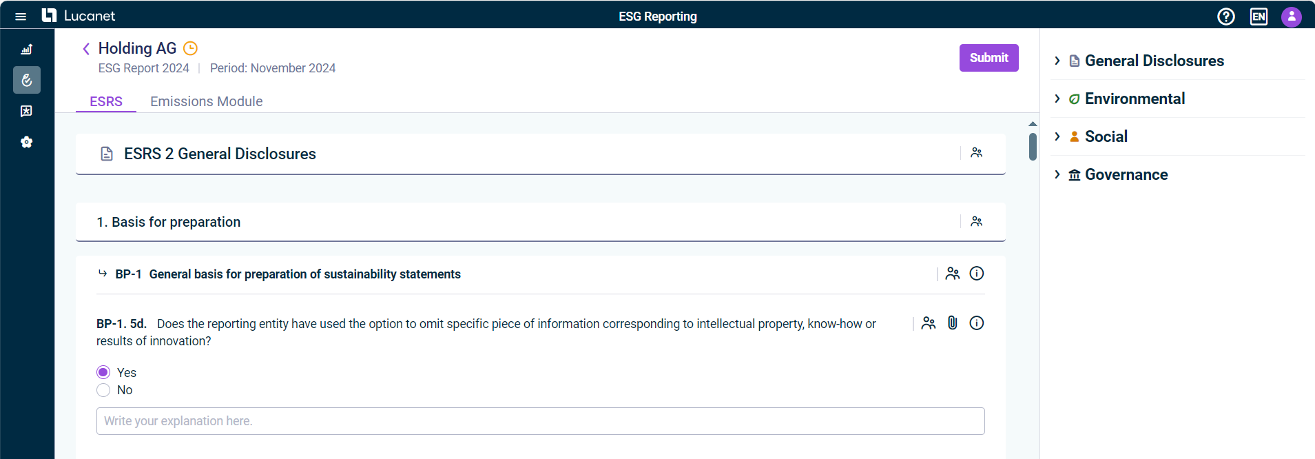Displays the user interface of an ESRS questionnaire.