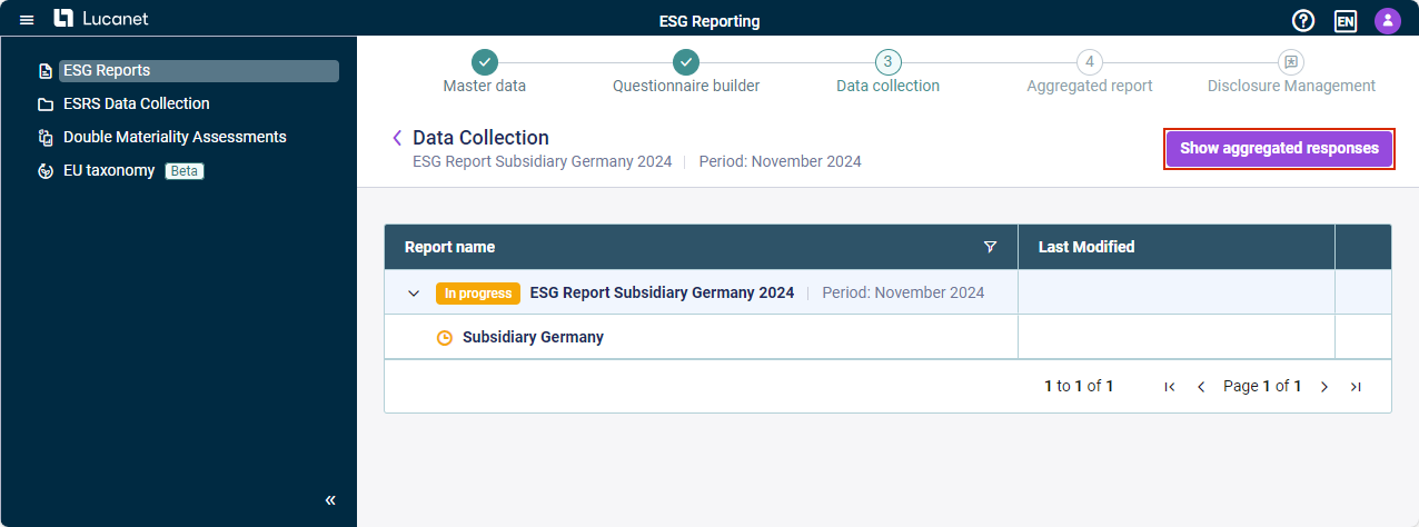 The 'Data collection' step is displayed. The 'Show aggregated responses' button is highlighted in red.