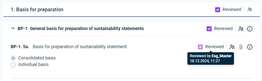 An answer of a question of an ESG report is displayed. The 'Reviewed' button is activated.