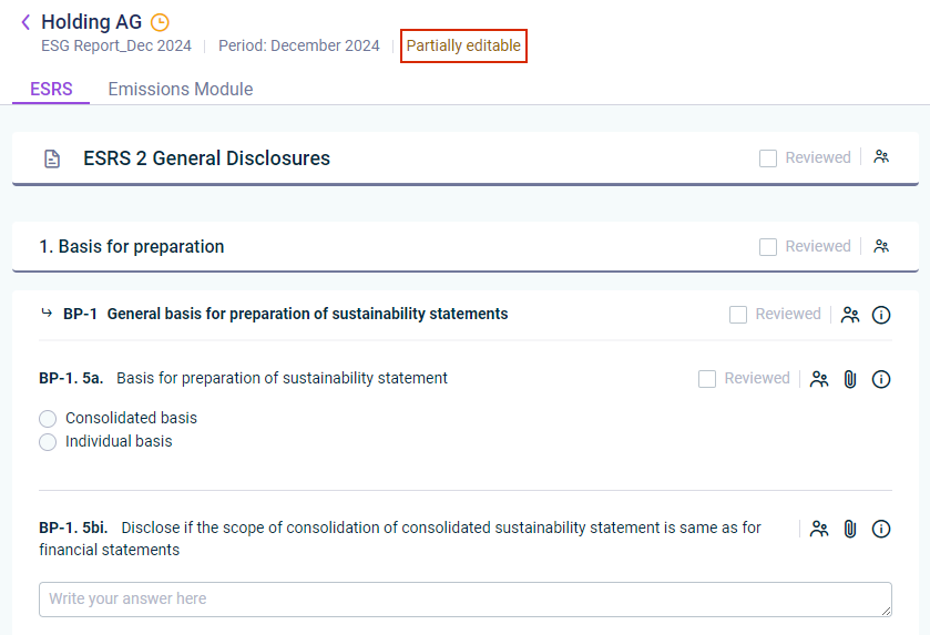 A data collection page is displayed. The status 'Partially editable' is highlighted in red.