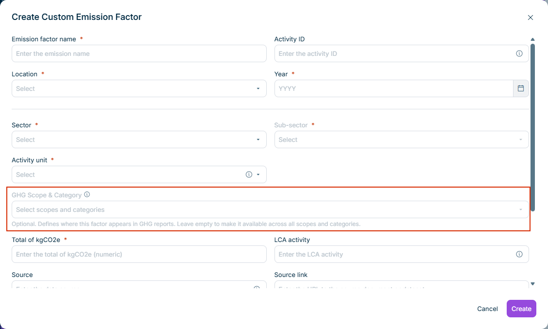 The 'Create Custom Emission Factor' dialog showing the optional 'GHG Scope & Category' field with its helper text.