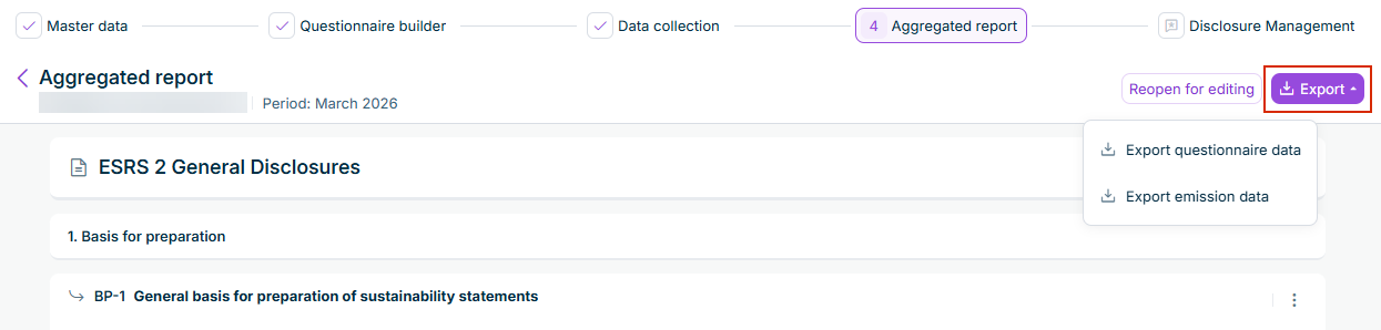 The 'Export' menu showing the options 'Export questionnaire data' and 'Export emission data'.