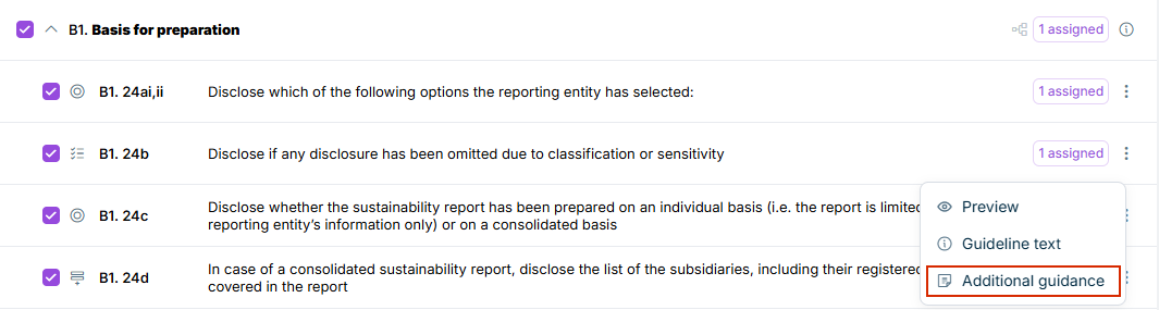 The three-dot-icon menu for a question is displayed. The 'Additional guidance' option is highlighted in red.