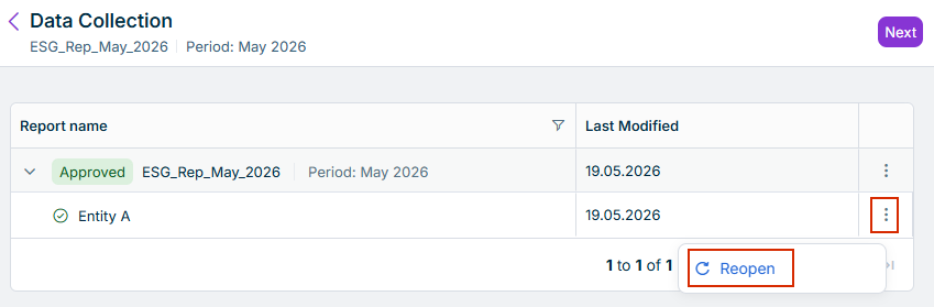 The Data Collection page is displayed. The button to reopen the data collection for a single reporting entity is highlighted in red.
