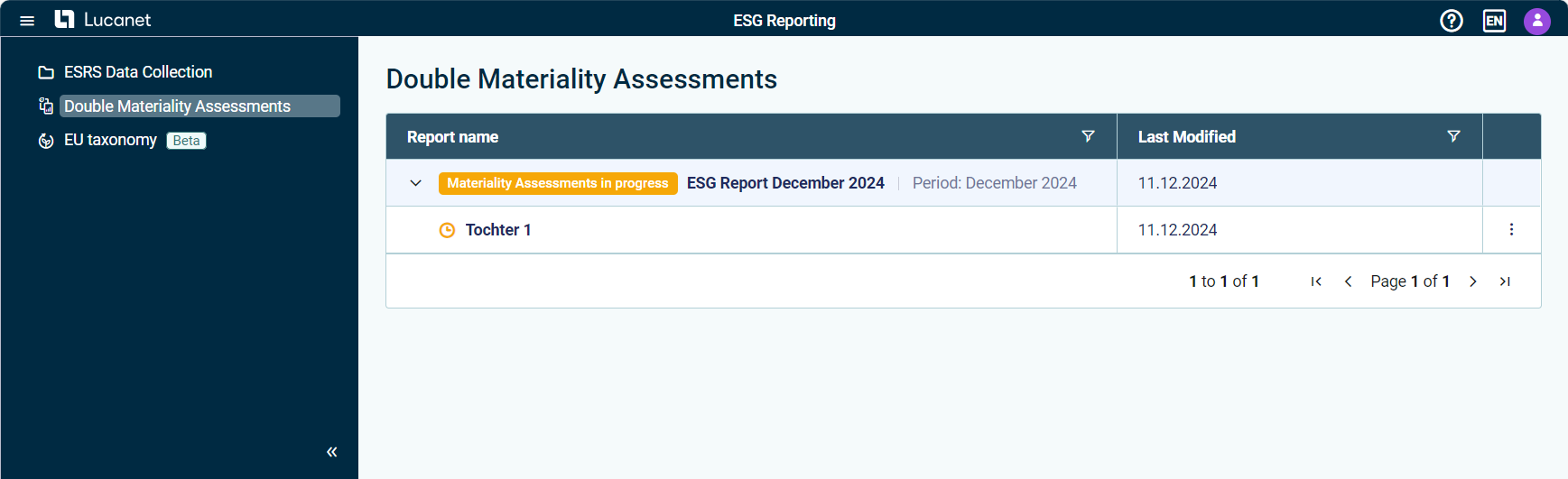 The Double Materiality Assessments workspace for ESG Data Collectors is displayed.