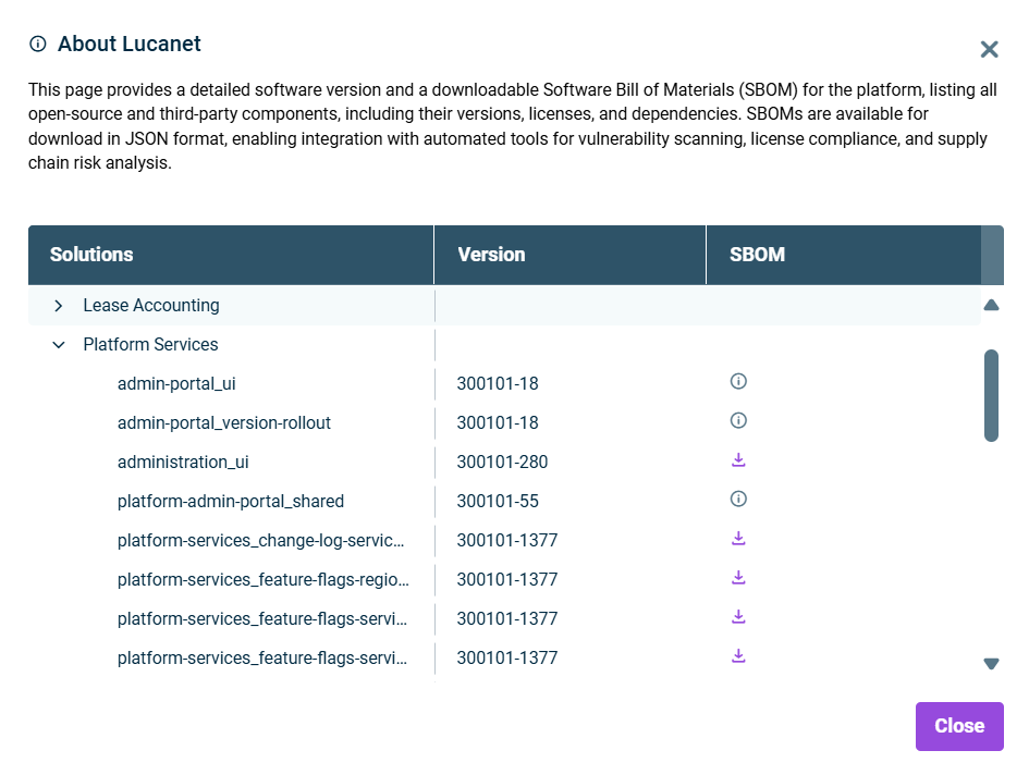 Displays the 'About Lucanet' dialog with download options for SBOMs.