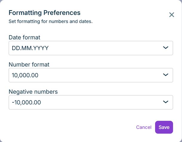 The 'Formatting Preferemces' dialog is displayed. In this dialog formattings for numbers and data are defined.