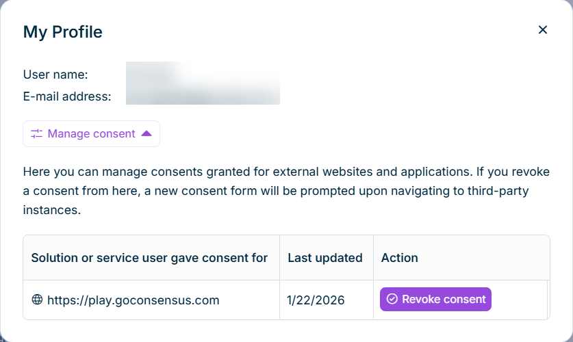 Displays the 'My Profile' dialog with options to managing consents granted for external websites and applications.