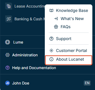 Shows the context menu of the 'Help' section in the main menu. The 'About Lucanet' option is outlined in red.
